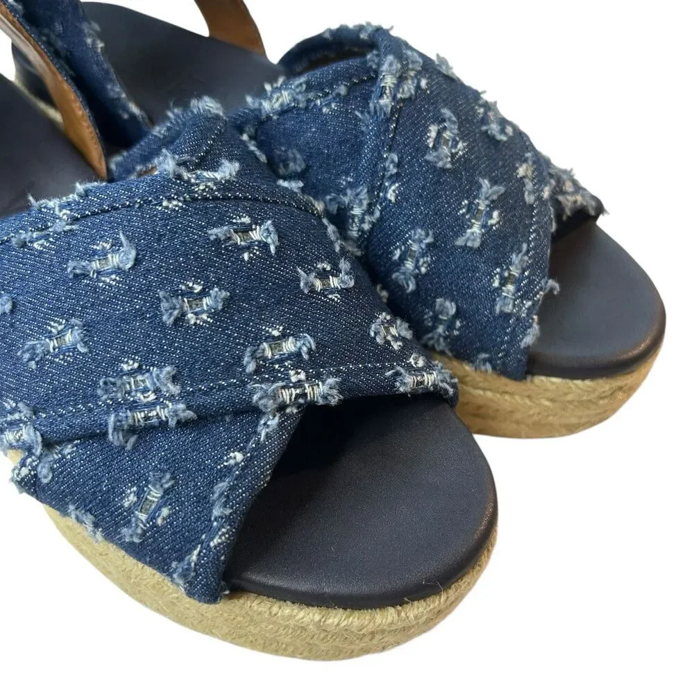 Nine West Espadrille Platform Sandals 6M Showrunner Denim Ankle Strap Open Toe
